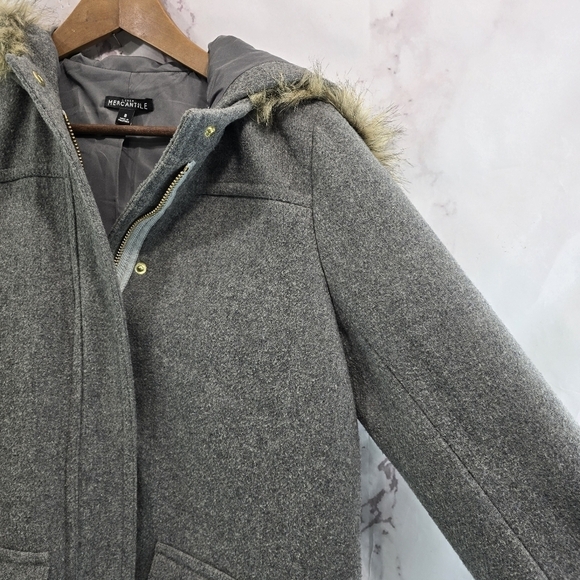 J Crew Coat Womens Medium 8 Gray Wool Blend Vail Parka Pea Zip Faux Fur Hood - Picture 13 of 13